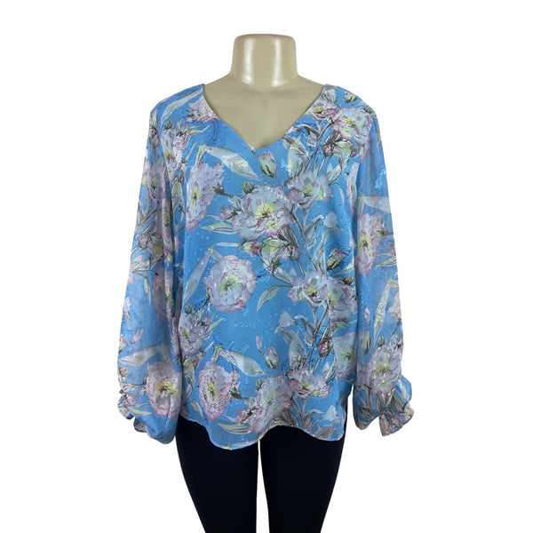 Ee:Some Womens Floral V-Neck Blouse With Balloon Sleeves In Blue Size L