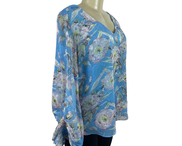 Ee:Some Womens Floral V-Neck Blouse With Balloon Sleeves In Blue Size L