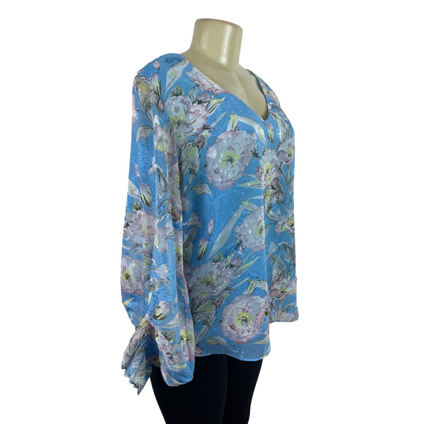 Ee:Some Womens Floral V-Neck Blouse With Balloon Sleeves In Blue Size L