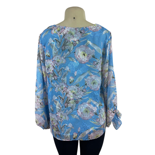 Ee:Some Womens Floral V-Neck Blouse With Balloon Sleeves In Blue Size L