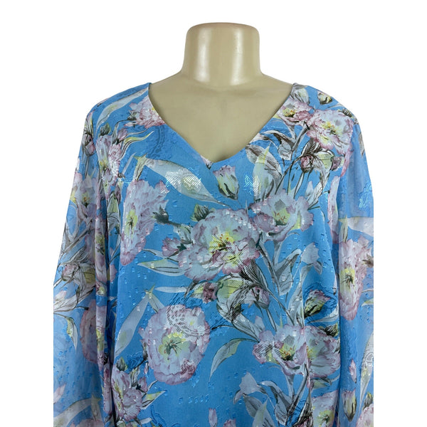 Ee:Some Womens Floral V-Neck Blouse With Balloon Sleeves In Blue Size L