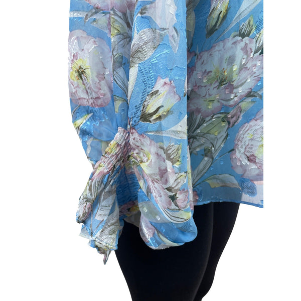 Ee:Some Womens Floral V-Neck Blouse With Balloon Sleeves In Blue Size L