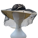 Whittall & Shon Vintage Black Lace & Pearls Wide Brim Hat Netting Floral Accent