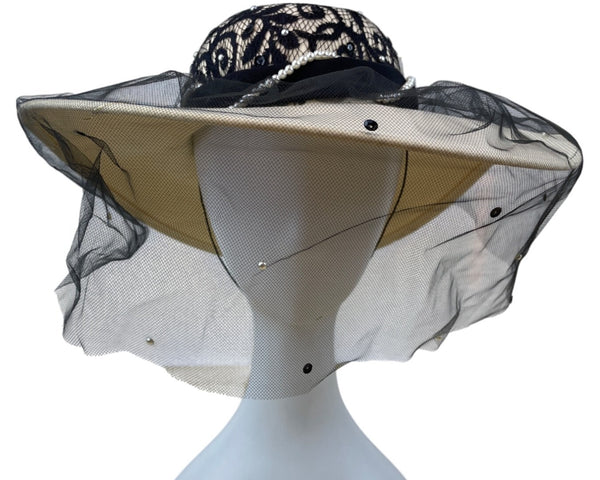 Whittall & Shon Vintage Black Lace & Pearls Wide Brim Hat Netting Floral Accent