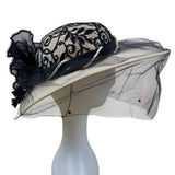 Whittall & Shon Vintage Black Lace & Pearls Wide Brim Hat Netting Floral Accent
