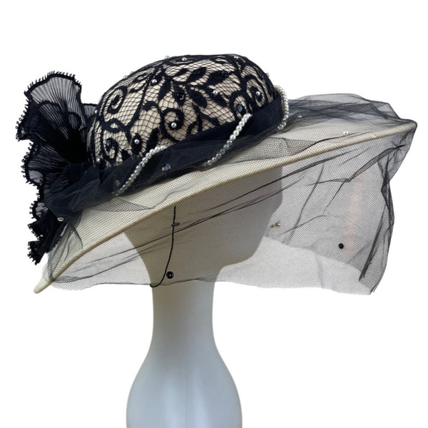 Whittall & Shon Vintage Black Lace & Pearls Wide Brim Hat Netting Floral Accent