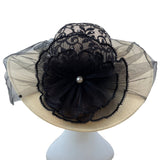 Whittall & Shon Vintage Black Lace & Pearls Wide Brim Hat Netting Floral Accent