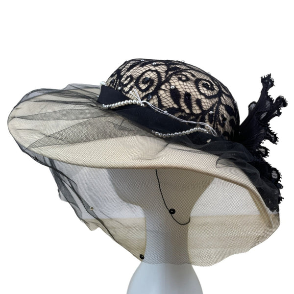 Whittall & Shon Vintage Black Lace & Pearls Wide Brim Hat Netting Floral Accent