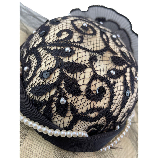 Whittall & Shon Vintage Black Lace & Pearls Wide Brim Hat Netting Floral Accent