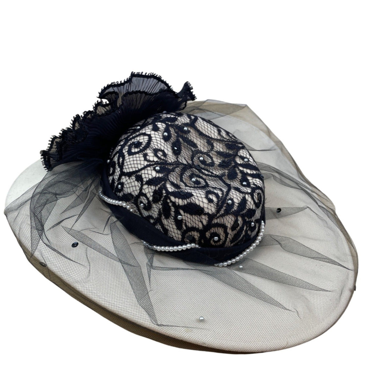 Whittall & Shon Vintage Black Lace & Pearls Wide Brim Hat Netting Floral Accent