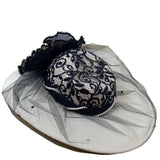 Whittall & Shon Vintage Black Lace & Pearls Wide Brim Hat Netting Floral Accent
