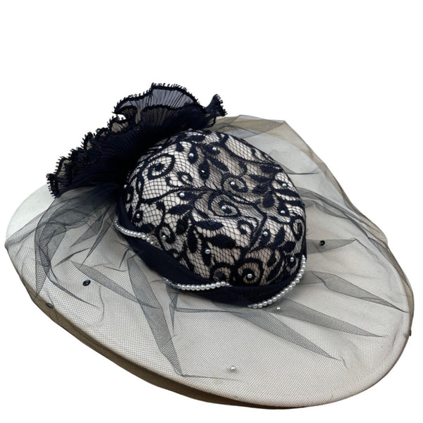 Whittall & Shon Vintage Black Lace & Pearls Wide Brim Hat Netting Floral Accent
