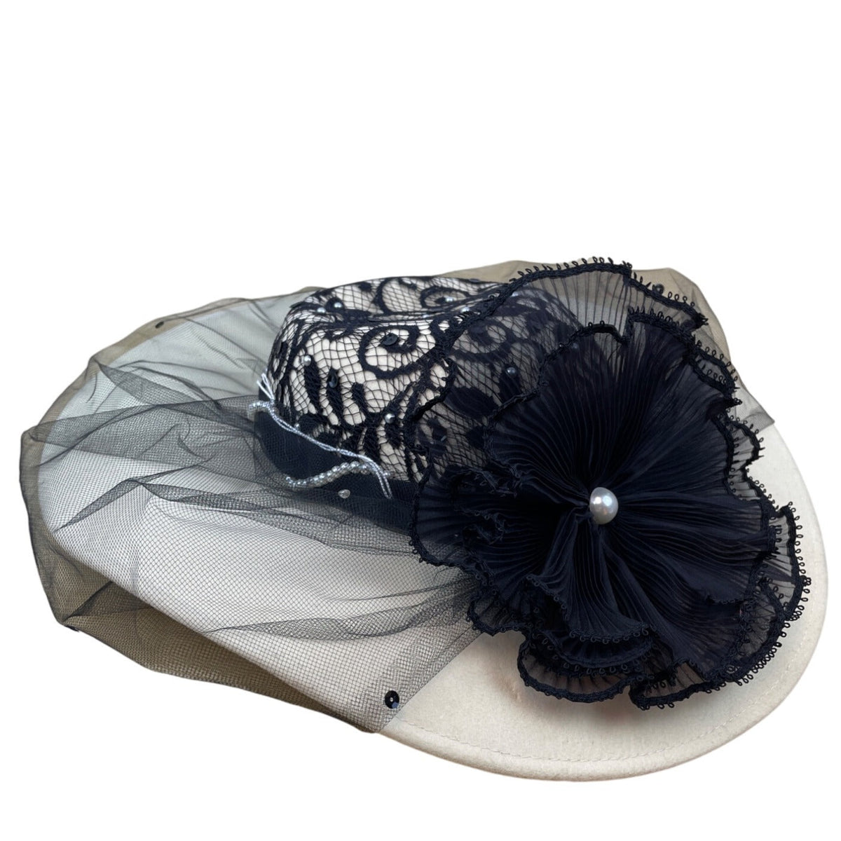 Whittall & Shon Vintage Black Lace & Pearls Wide Brim Hat Netting Floral Accent