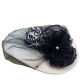 Whittall & Shon Vintage Black Lace & Pearls Wide Brim Hat Netting Floral Accent