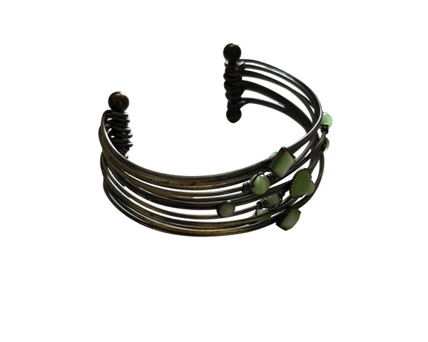Handcrafted Adjustable Bronze Wire Cuff Bracelet With Green Beads