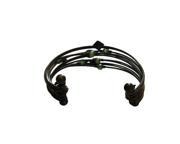 Handcrafted Adjustable Bronze Wire Cuff Bracelet With Green Beads