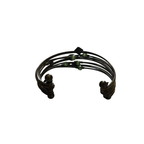 Handcrafted Adjustable Bronze Wire Cuff Bracelet With Green Beads