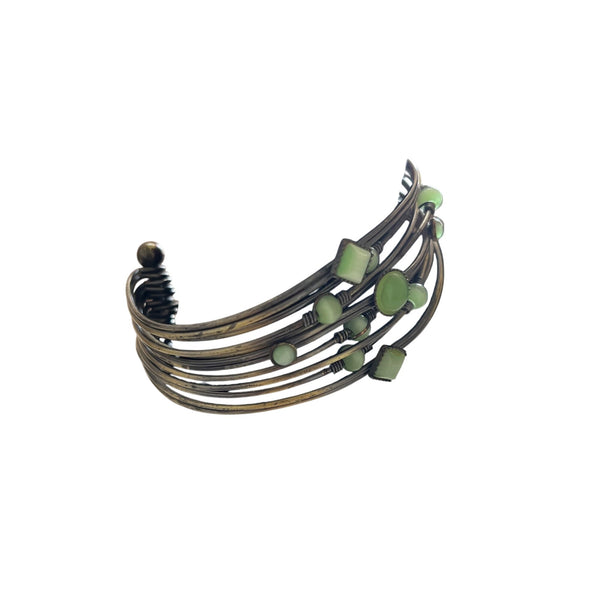 Handcrafted Adjustable Bronze Wire Cuff Bracelet With Green Beads