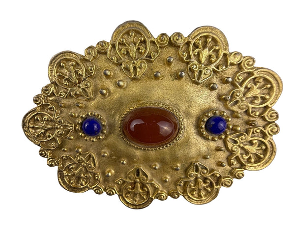 Vintage Ornate Gold Tone Brooch With Faux Carnelian & Lapis Stones