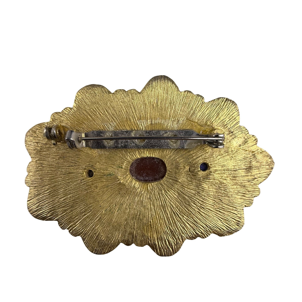 Vintage Ornate Gold Tone Brooch With Faux Carnelian & Lapis Stones