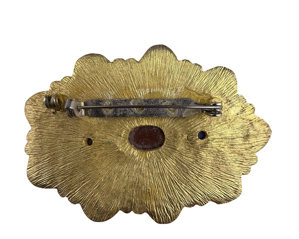 Vintage Ornate Gold Tone Brooch With Faux Carnelian & Lapis Stones