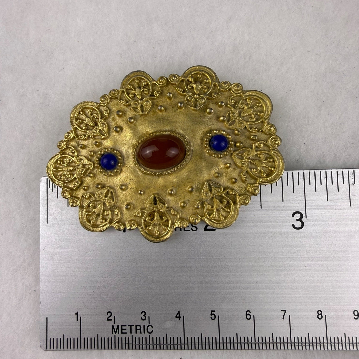 Vintage Ornate Gold Tone Brooch With Faux Carnelian & Lapis Stones