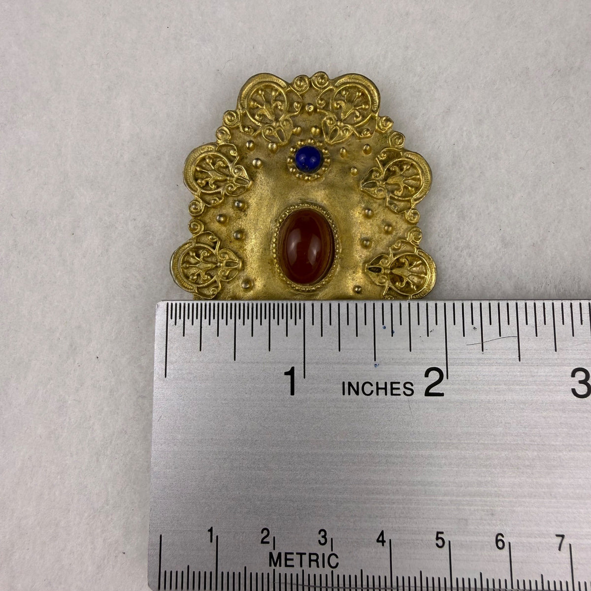 Vintage Ornate Gold Tone Brooch With Faux Carnelian & Lapis Stones
