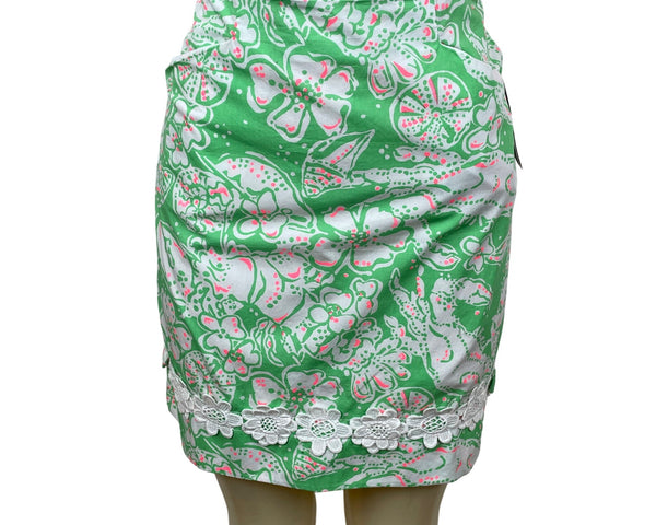Lilly Pulitzer Green Floral Print Skirt With Lace Trim Size 4- New