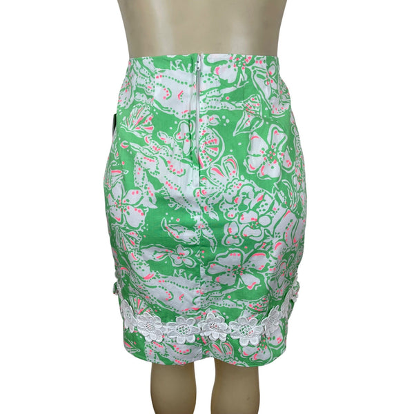 Lilly Pulitzer Green Floral Print Skirt With Lace Trim Size 4- New