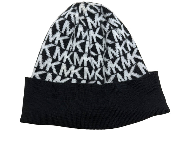 Michael Kors Womens Black & White Printed Knitted Beanie Hat Stretch OS