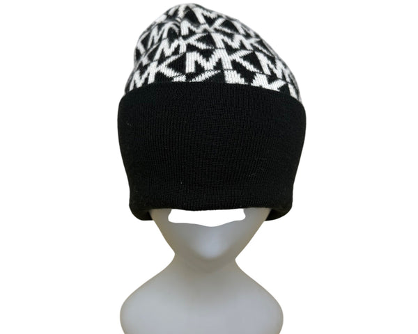 Michael Kors Womens Black & White Printed Knitted Beanie Hat Stretch OS