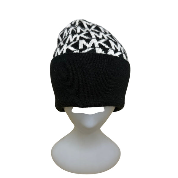 Michael Kors Womens Black & White Printed Knitted Beanie Hat Stretch OS