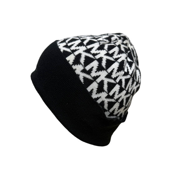 Michael Kors Womens Black & White Printed Knitted Beanie Hat Stretch OS