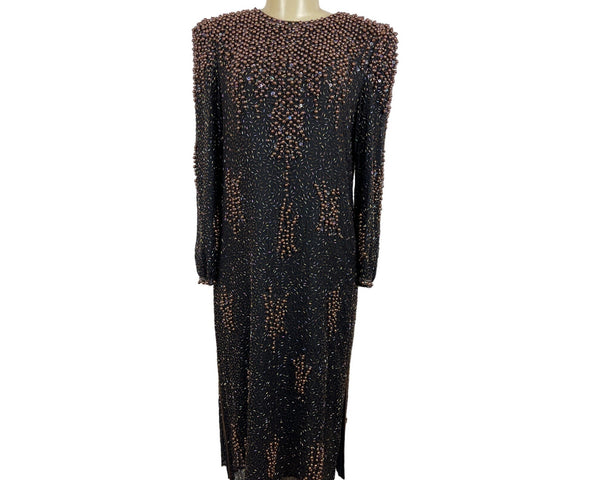Vintage 80s Neiman Marcus Women's Black Shift Long Sleeve Dress Sz L