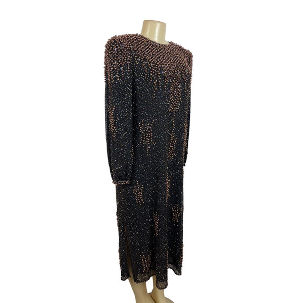 Vintage 80s Neiman Marcus Women's Black Shift Long Sleeve Dress Sz L