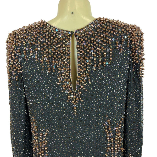 Vintage 80s Neiman Marcus Women's Black Shift Long Sleeve Dress Sz L