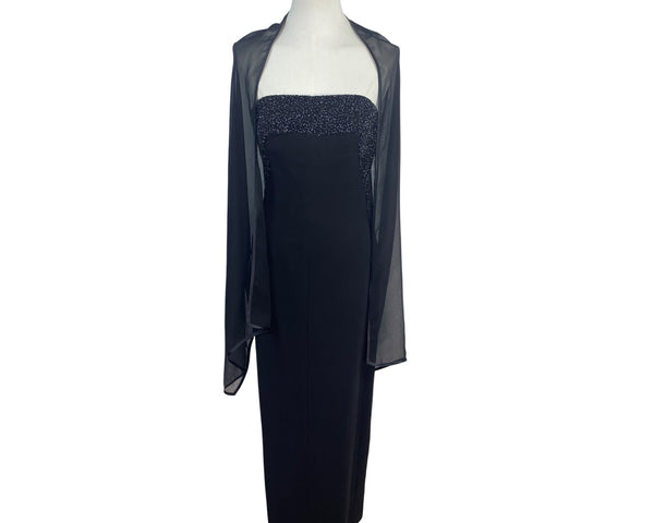 Helen Morley Strapless Black Midi Dress W/ Glitter Bust & Sheer Wrap Szize 10
