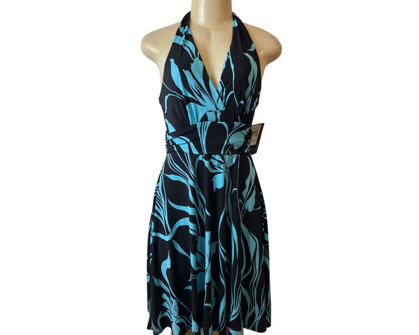 Roulette Women's Black Blue Halter Neck Ocassion Midi Dress Sz M- NWT