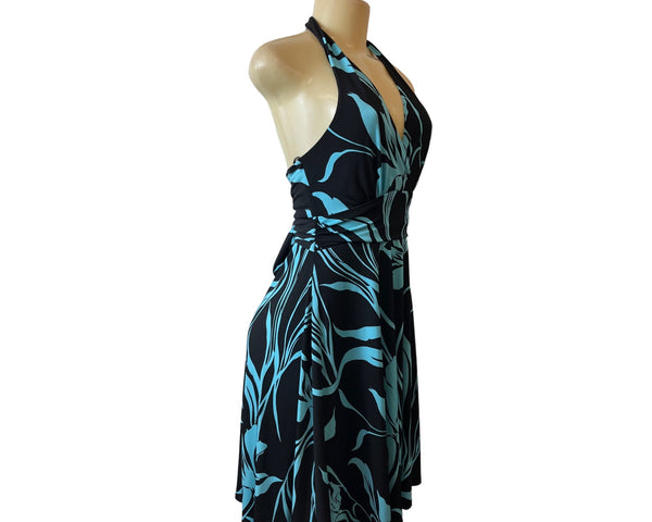Roulette Women's Black Blue Halter Neck Ocassion Midi Dress Sz M- NWT