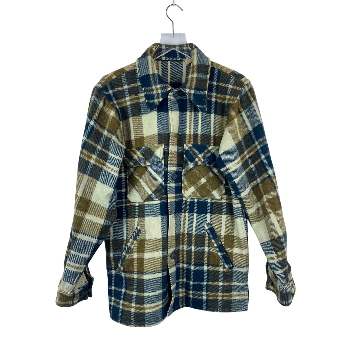 Woolrich Mens Blue Tan Plaid Wool Blend Button-Up Heavyweight Jacket Size M