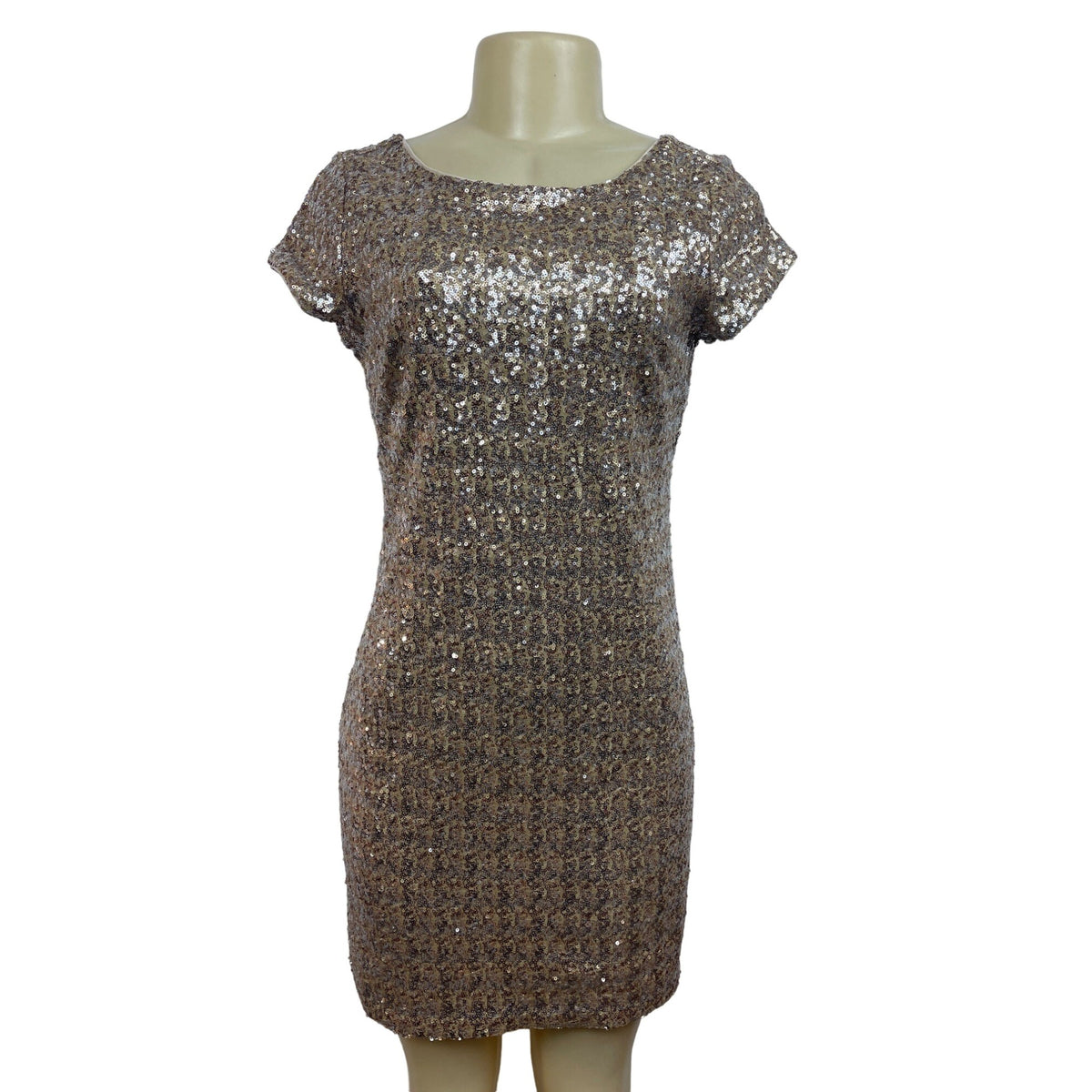Womens Sequin Short Sleeve Mini Dress In Brown & Silver New