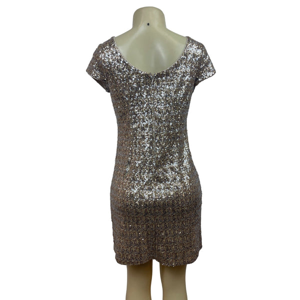 Womens Sequin Short Sleeve Mini Dress In Brown & Silver New