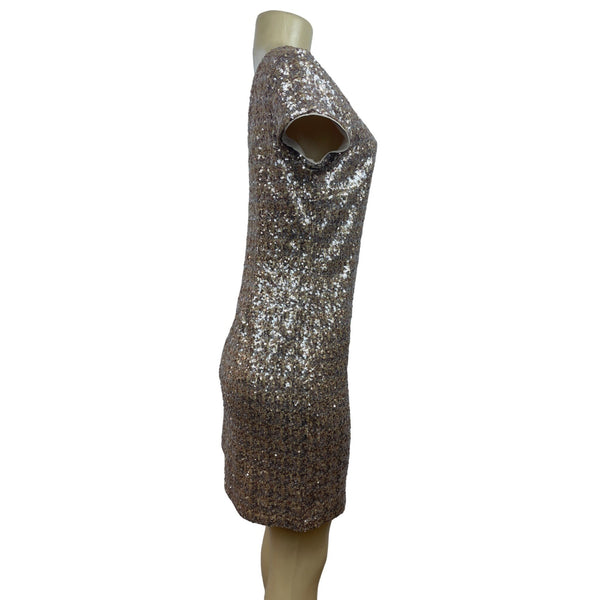 Womens Sequin Short Sleeve Mini Dress In Brown & Silver New