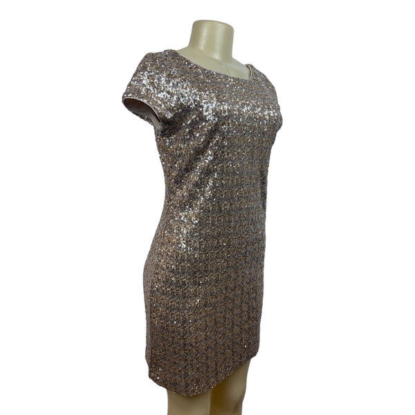 Womens Sequin Short Sleeve Mini Dress In Brown & Silver New