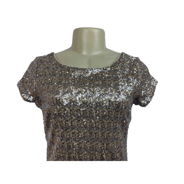 Womens Sequin Short Sleeve Mini Dress In Brown & Silver New