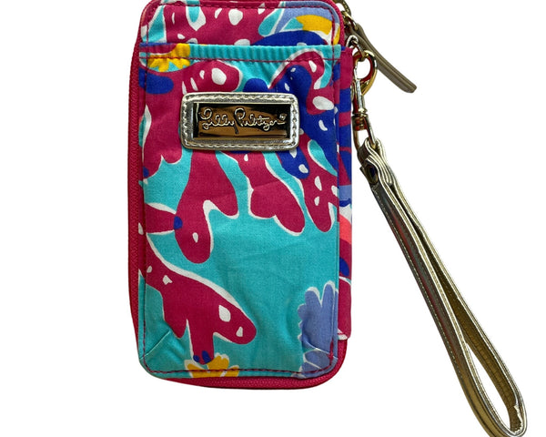 Lilly Pulitzer Pink & Blue Floral Print With Multicolor & Gold Strap Wristlet Wallet