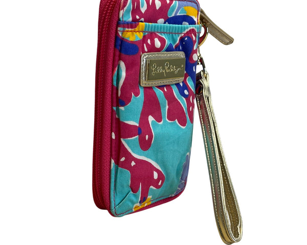 Lilly Pulitzer Pink & Blue Floral Print With Multicolor & Gold Strap Wristlet Wallet