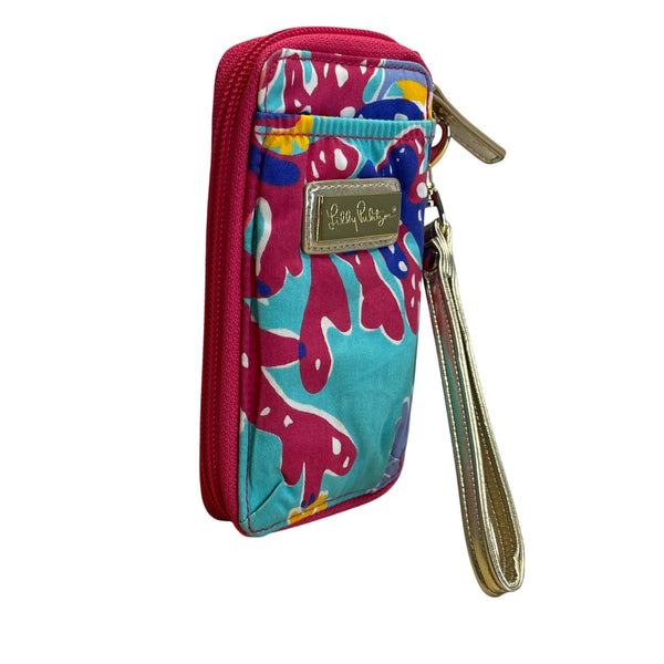 Lilly Pulitzer Pink & Blue Floral Print With Multicolor & Gold Strap Wristlet Wallet