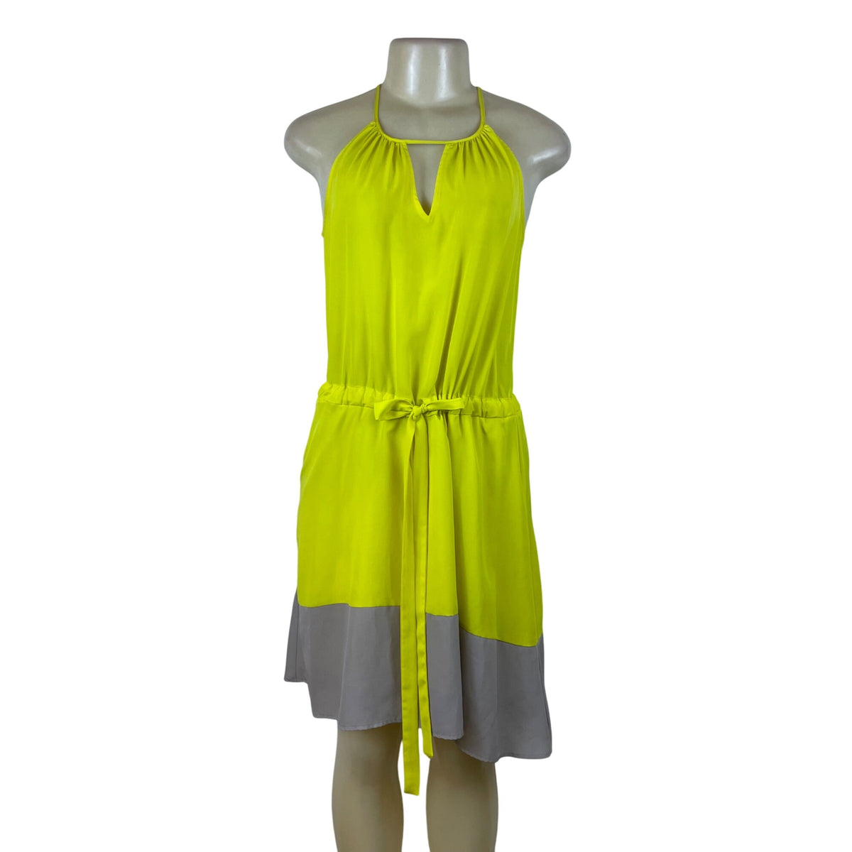Bar III Women's Yellow Sleeveless Halter Dress W/ Tie Waist & Gray Hem Sz S