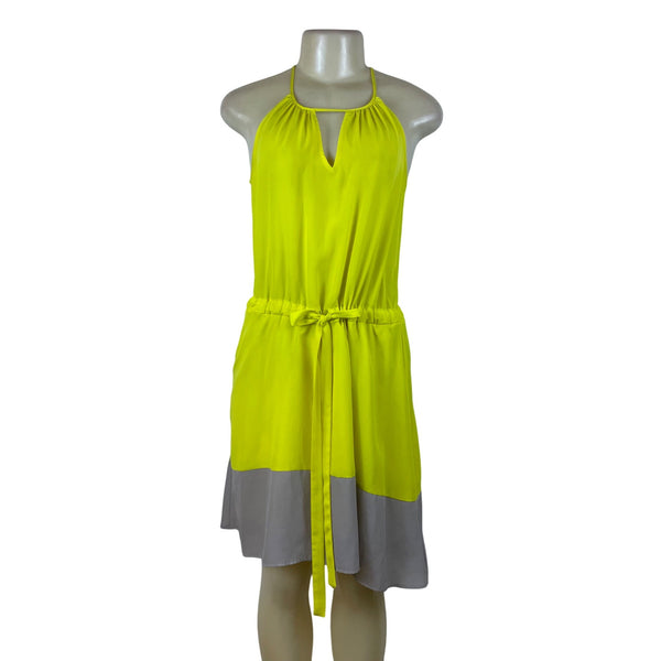 Bar III Women's Yellow Sleeveless Halter Dress W/ Tie Waist & Gray Hem Picky Thrifter Bar III Women's Yellow Sleeveless Halter Dress W/ Tie Waist & Gray Hem Picky Thrifter